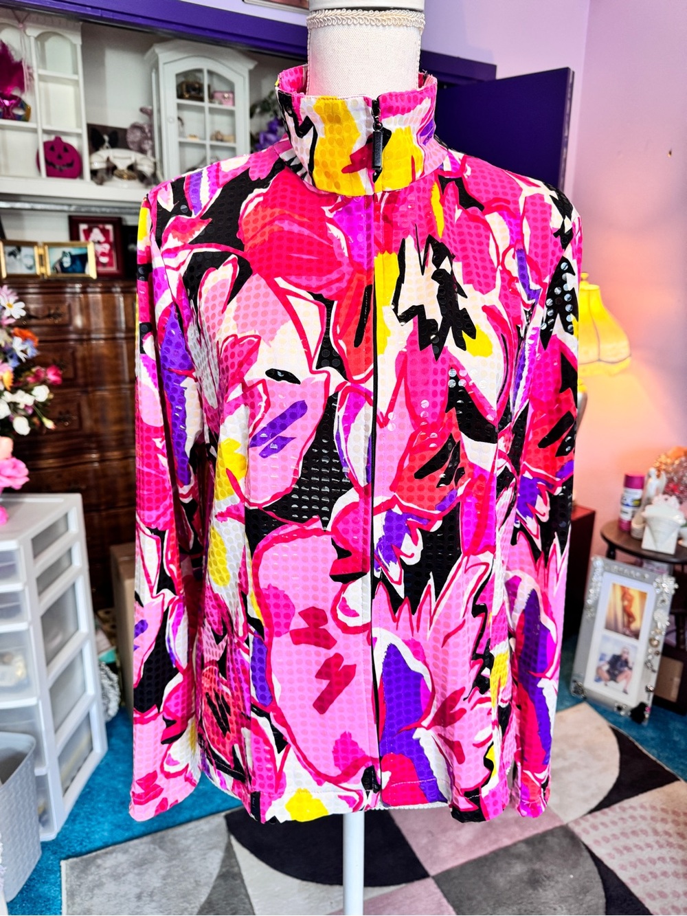 Laura Ashley Pink, Yellow and Black Floral Sequined Jacket